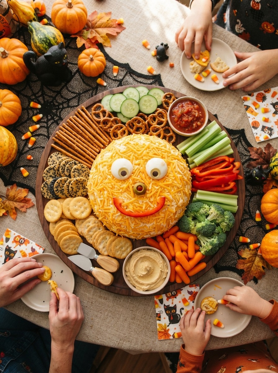 Green cheese balls with candy eyes and a mouth, resembling monsters, on a platter.
